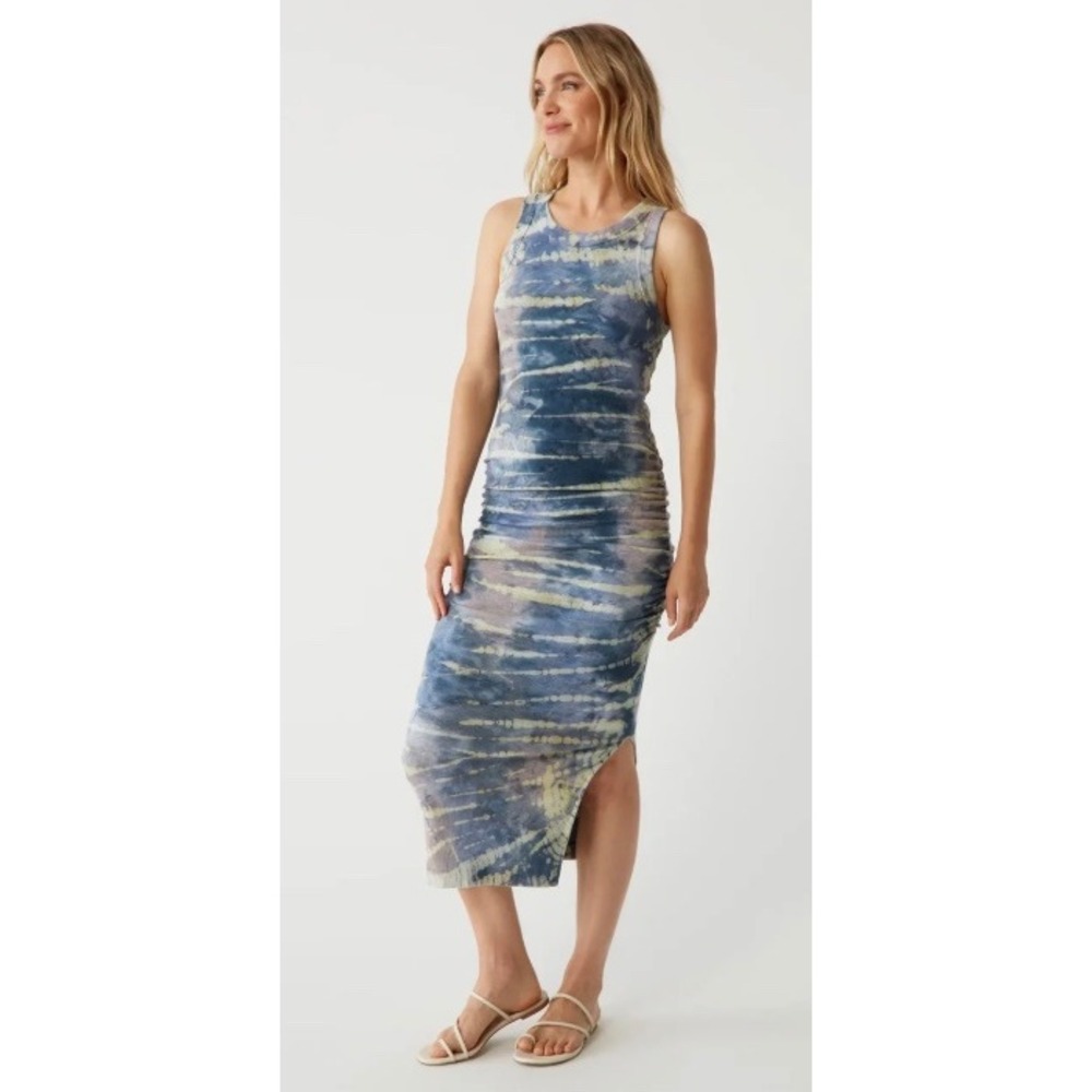 Michael Stars Wren Double Dye Blue Tie Dye Ruched Midi Dress XS